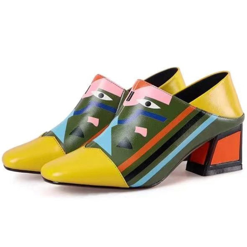 Graffiti woman slippers mixed colors peep toe shoes for women mid heels summer sandals eyes printed fashion 33-43 yellow Nude