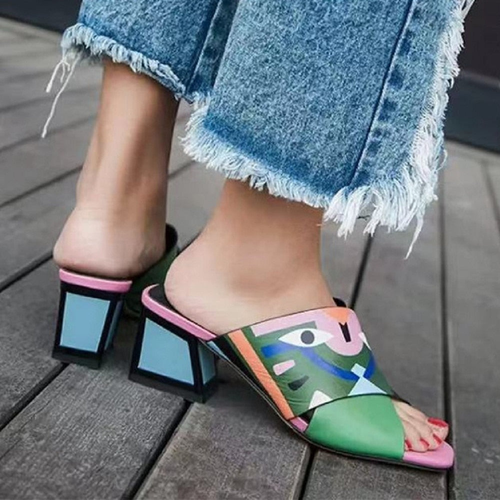 Graffiti woman slippers mixed colors peep toe shoes for women mid heels summer sandals eyes printed fashion 33-43