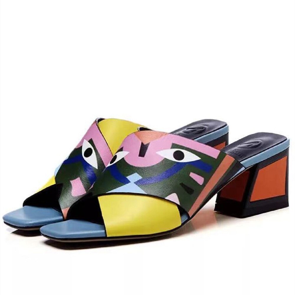 Graffiti woman slippers mixed colors peep toe shoes for women mid heels summer sandals eyes printed fashion 33-43