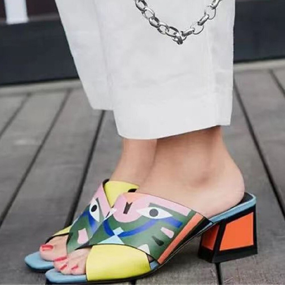 Graffiti woman slippers mixed colors peep toe shoes for women mid heels summer sandals eyes printed fashion 33-43