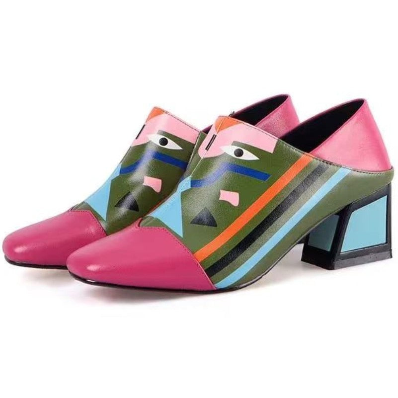 Graffiti woman slippers mixed colors peep toe shoes for women mid heels summer sandals eyes printed fashion 33-43 roseo Nude