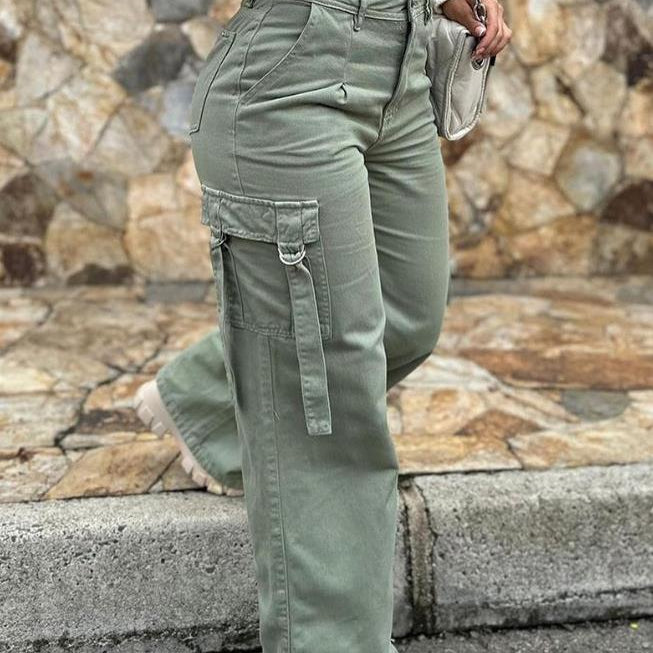Green Cargo Pants Pocket Design High Waist Button Solid Color Pants 2024 Summer New Fashion Loose Women's Pants Streetwear A