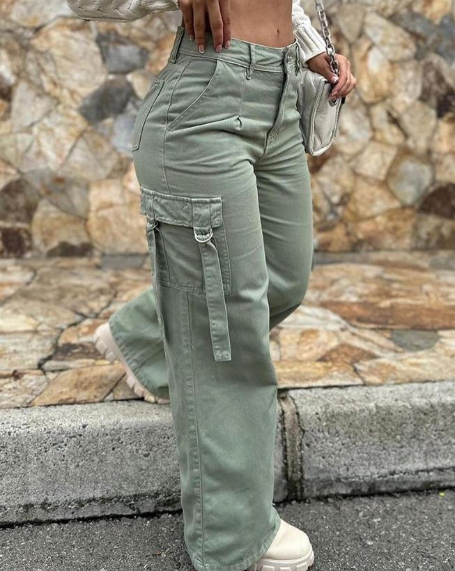 Green Cargo Pants Pocket Design High Waist Button Solid Color Pants 2024 Summer New Fashion Loose Women's Pants Streetwear A