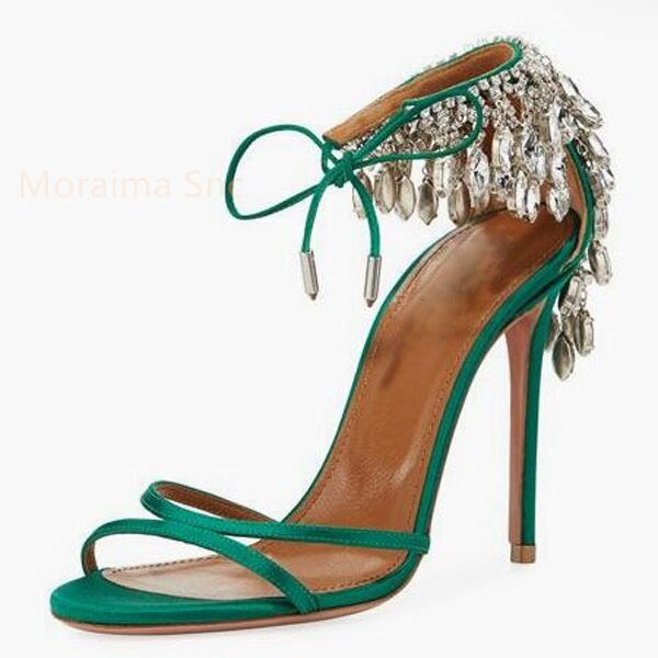 Green Gold Stiletto Women Sandals Bling Diamond Tassel High Heels Peep Toe Glittering Crystal Fringed Party Wedding Shoes Summer green