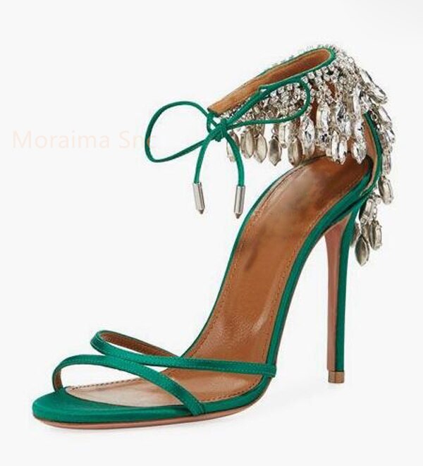 Green Gold Stiletto Women Sandals Bling Diamond Tassel High Heels Peep Toe Glittering Crystal Fringed Party Wedding Shoes Summer green