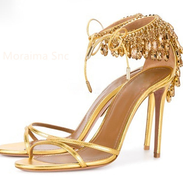 Green Gold Stiletto Women Sandals Bling Diamond Tassel High Heels Peep Toe Glittering Crystal Fringed Party Wedding Shoes Summer gold