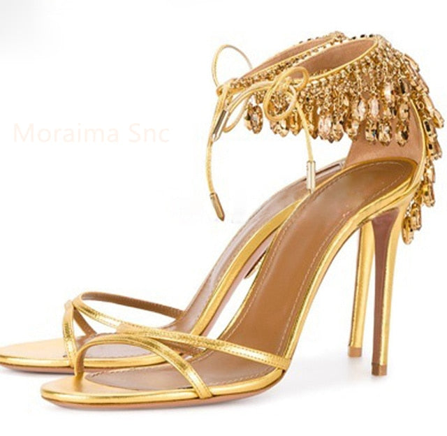 Green Gold Stiletto Women Sandals Bling Diamond Tassel High Heels Peep Toe Glittering Crystal Fringed Party Wedding Shoes Summer gold