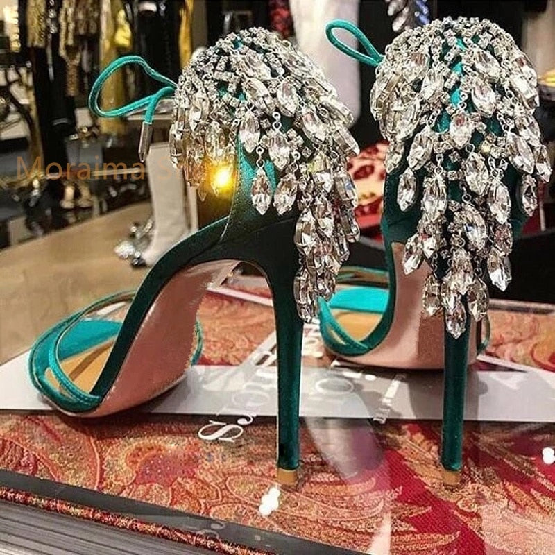 Green Gold Stiletto Women Sandals Bling Diamond Tassel High Heels Peep Toe Glittering Crystal Fringed Party Wedding Shoes Summer AMAIO