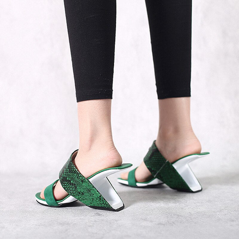 Green Snakeskin Leather Women Outside Slippers 8cm Strange High Heels Beach Blue Slides Fashion Gold Prom Party Sandals Femmes