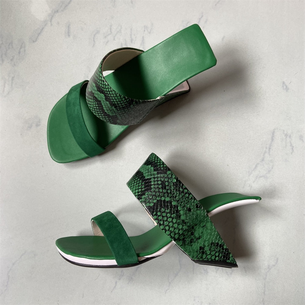 Green Snakeskin Leather Women Outside Slippers 8cm Strange High Heels Beach Blue Slides Fashion Gold Prom Party Sandals Femmes Green
