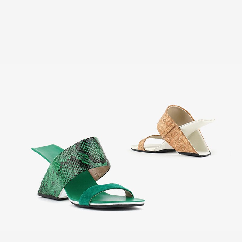 Green Snakeskin Leather Women Outside Slippers 8cm Strange High Heels Beach Blue Slides Fashion Gold Prom Party Sandals Femmes