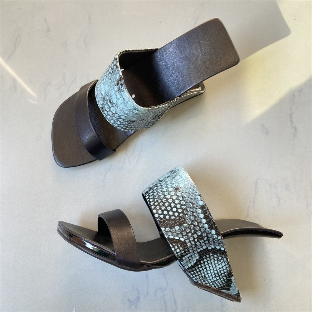 Green Snakeskin Leather Women Outside Slippers 8cm Strange High Heels Beach Blue Slides Fashion Gold Prom Party Sandals Femmes Blue