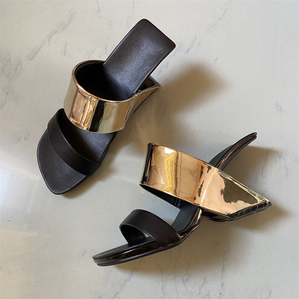 Green Snakeskin Leather Women Outside Slippers 8cm Strange High Heels Beach Blue Slides Fashion Gold Prom Party Sandals Femmes Gold