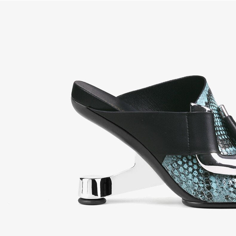 Green Snakeskin Leather Women Outside Slippers Metal Buckle Platform Blue Slides Shoes Iron Strange High Heels Chaussure Sandals