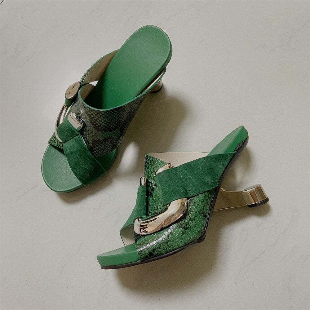Green Snakeskin Leather Women Outside Slippers Metal Buckle Platform Blue Slides Shoes Iron Strange High Heels Chaussure Sandals Green