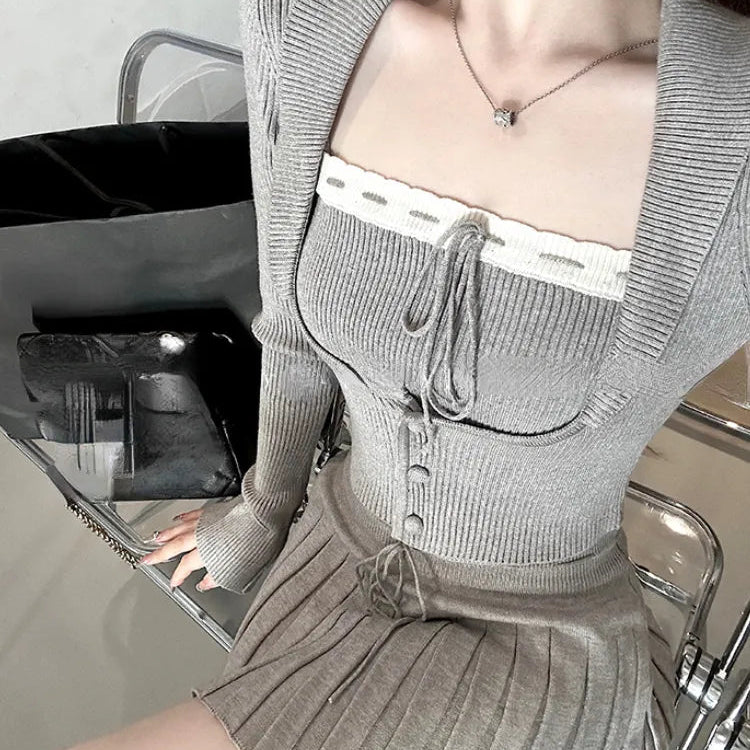 Grey Knitted Suit Woman Y2k Crop Tops Sweater Korean Fashion Slim Mini Skirt Party Elegant 3 Piece Set Skirt 2024 Autumn Chic AMAIO