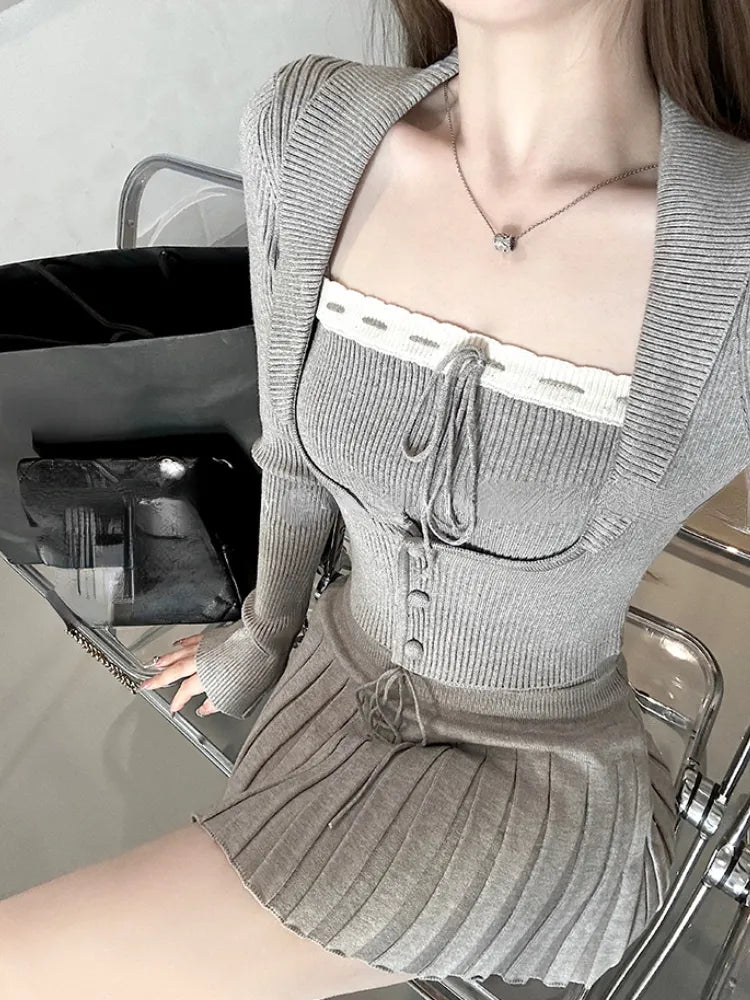 Grey Knitted Suit Woman Y2k Crop Tops Sweater Korean Fashion Slim Mini Skirt Party Elegant 3 Piece Set Skirt 2024 Autumn Chic AMAIO