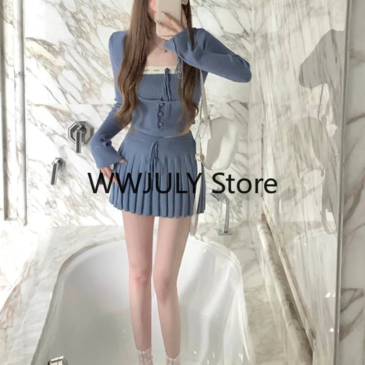 Grey Knitted Suit Woman Y2k Crop Tops Sweater Korean Fashion Slim Mini Skirt Party Elegant 3 Piece Set Skirt 2024 Autumn Chic