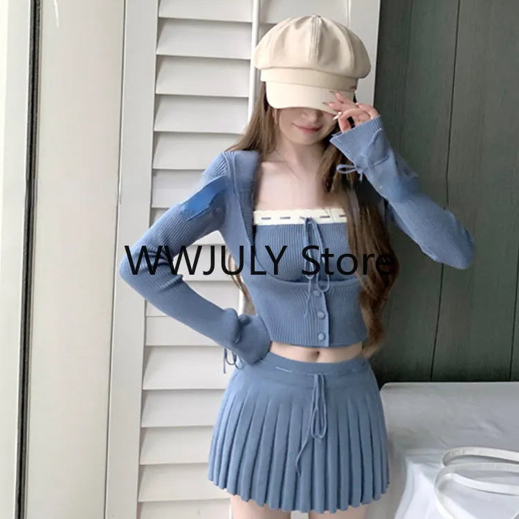 Grey Knitted Suit Woman Y2k Crop Tops Sweater Korean Fashion Slim Mini Skirt Party Elegant 3 Piece Set Skirt 2024 Autumn Chic Blue