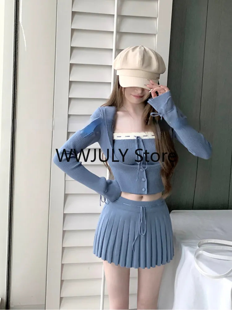 Grey Knitted Suit Woman Y2k Crop Tops Sweater Korean Fashion Slim Mini Skirt Party Elegant 3 Piece Set Skirt 2024 Autumn Chic Blue