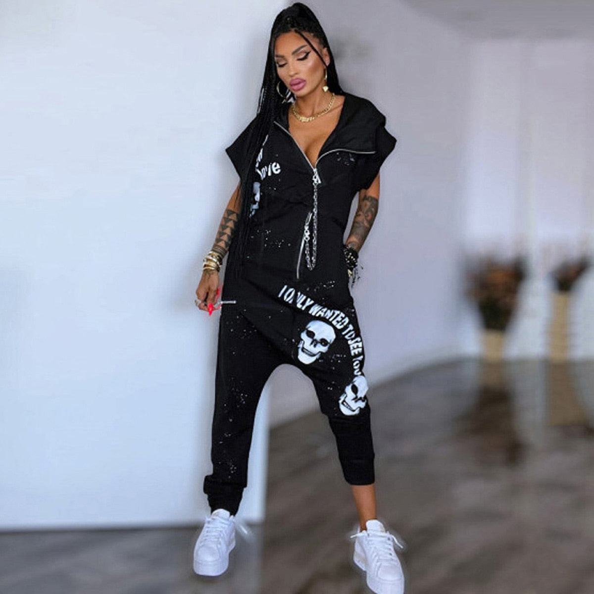 Gymdolphins 2024 New Female Black Loose Outdoor Sportswear Casual Short Sleeves Lapel Collar Zippered Jumpsuits For Women AMAIO