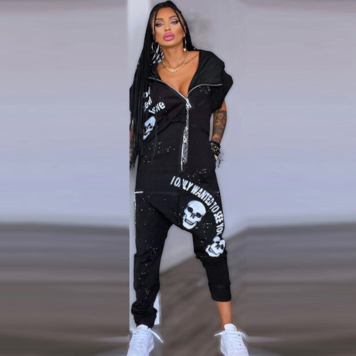 Gymdolphins 2024 New Female Black Loose Outdoor Sportswear Casual Short Sleeves Lapel Collar Zippered Jumpsuits For Women