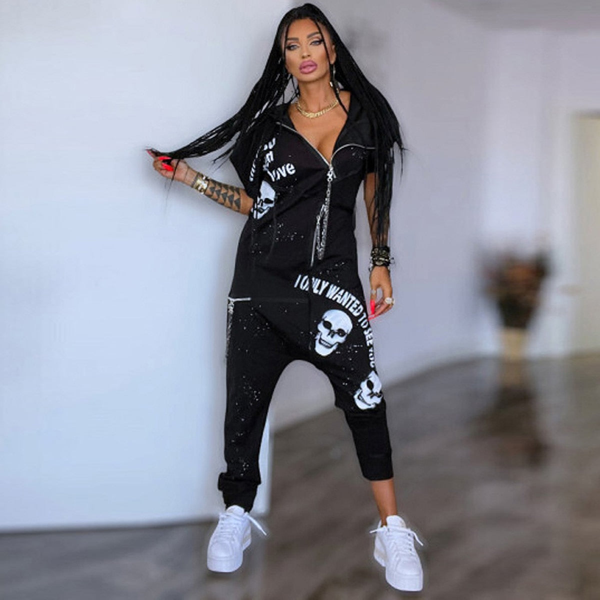 Gymdolphins 2024 New Female Black Loose Outdoor Sportswear Casual Short Sleeves Lapel Collar Zippered Jumpsuits For Women