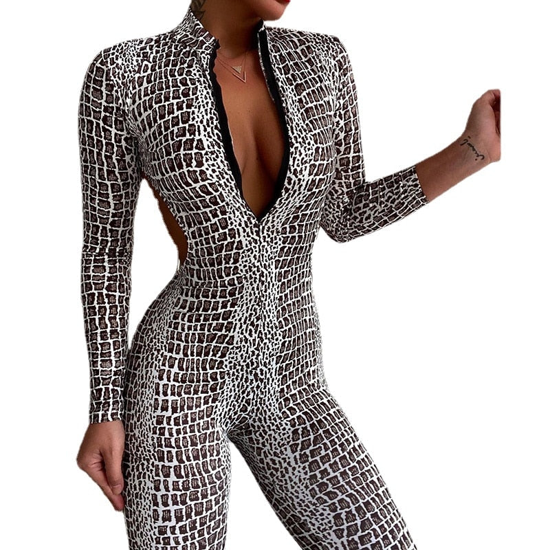 Gymdolphins 2024 New Snakeskin Printed Long Sleeves Jumpsuits for Women Spring Summer Backless V-Neck Sexy Sport Bodysuit silver