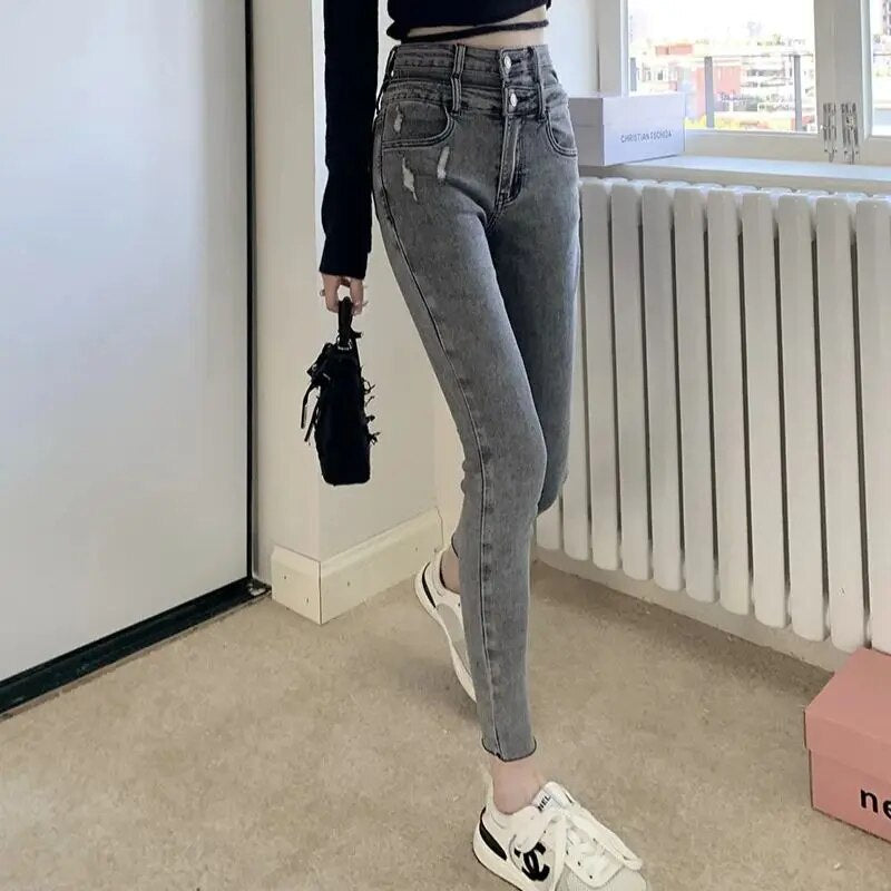 H.sa 2024 Denim Pants Spring Autumn Jeans For Women High Waist Skinny Warm Thick Jeans Womens High Elastic Stretch Jeans RH3661 Gray