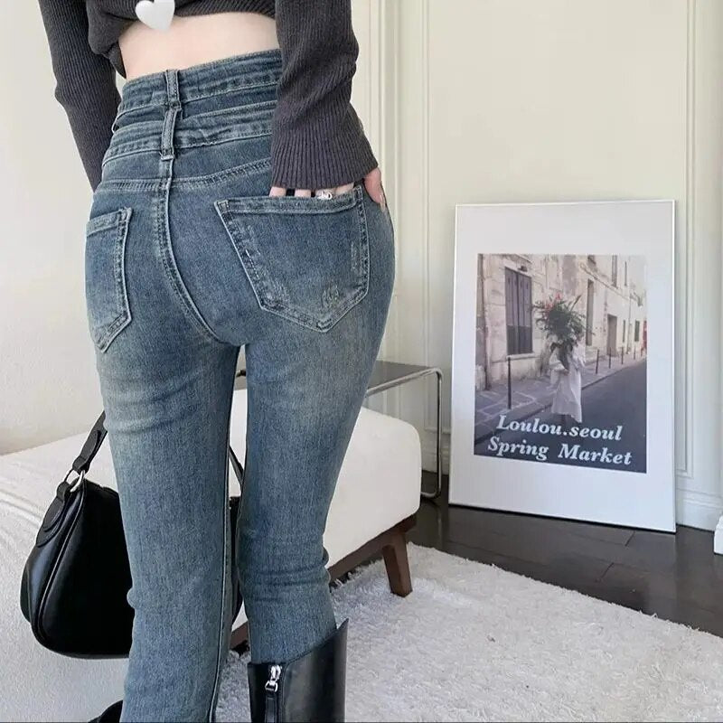 H.sa 2024 Denim Pants Spring Autumn Jeans For Women High Waist Skinny Warm Thick Jeans Womens High Elastic Stretch Jeans