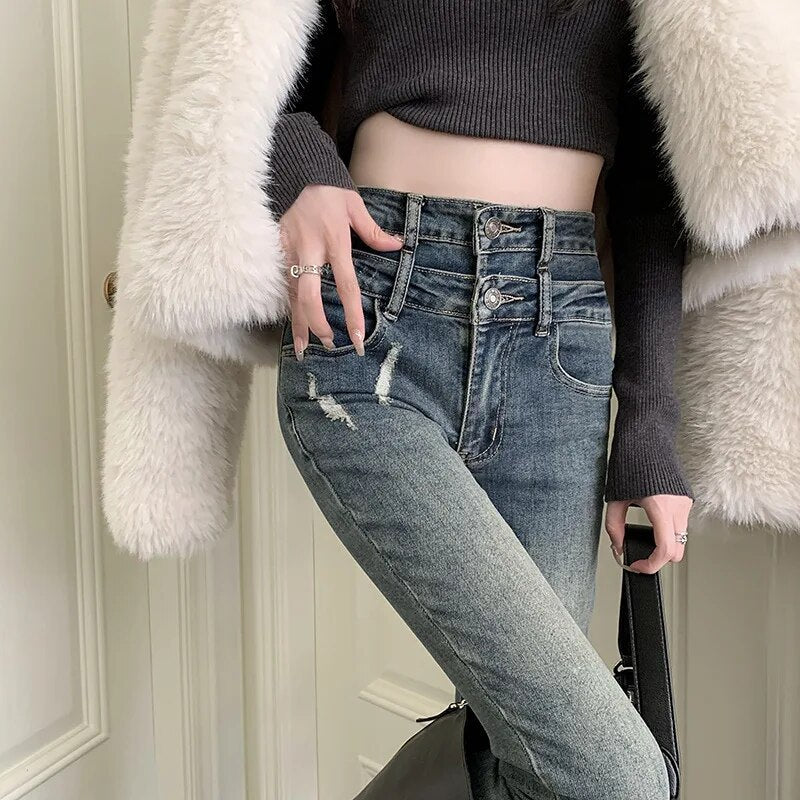 H.sa 2024 Denim Pants Spring Autumn Jeans For Women High Waist Skinny Warm Thick Jeans Womens High Elastic Stretch Jeans