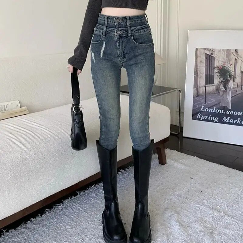 H.sa 2024 Denim Pants Spring Autumn Jeans For Women High Waist Skinny Warm Thick Jeans Womens High Elastic Stretch Jeans AMAIO