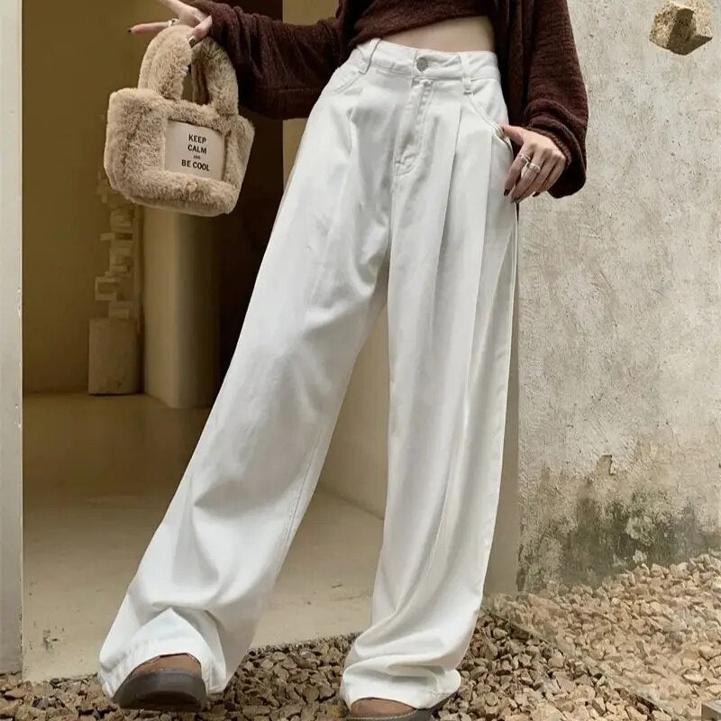 H.sa 2024 Woman Jeans Casual High Waist Wide Leg Denim Trousers Long White Pants Streetwear Vintage Harajuku Straight Pants