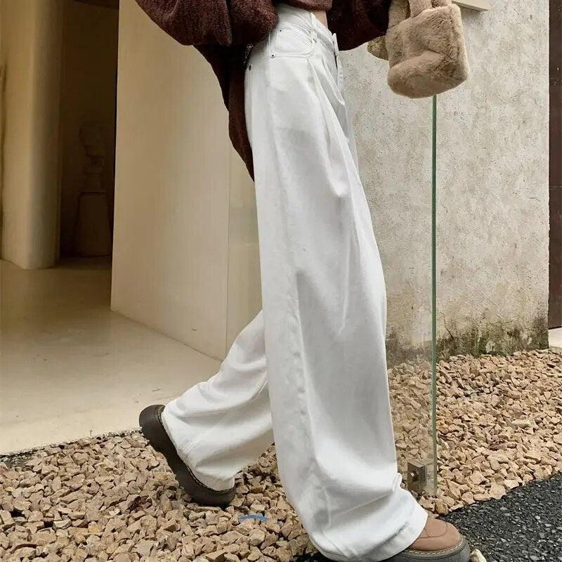 H.sa 2024 Woman Jeans Casual High Waist Wide Leg Denim Trousers Long White Pants Streetwear Vintage Harajuku Straight Pants