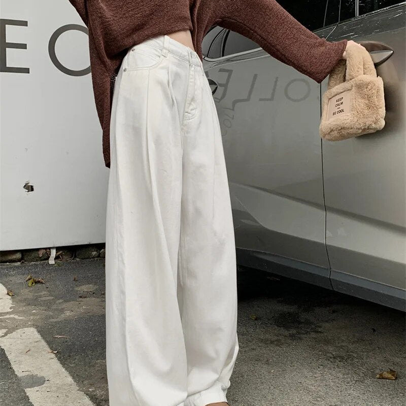 H.sa 2024 Woman Jeans Casual High Waist Wide Leg Denim Trousers Long White Pants Streetwear Vintage Harajuku Straight Pants