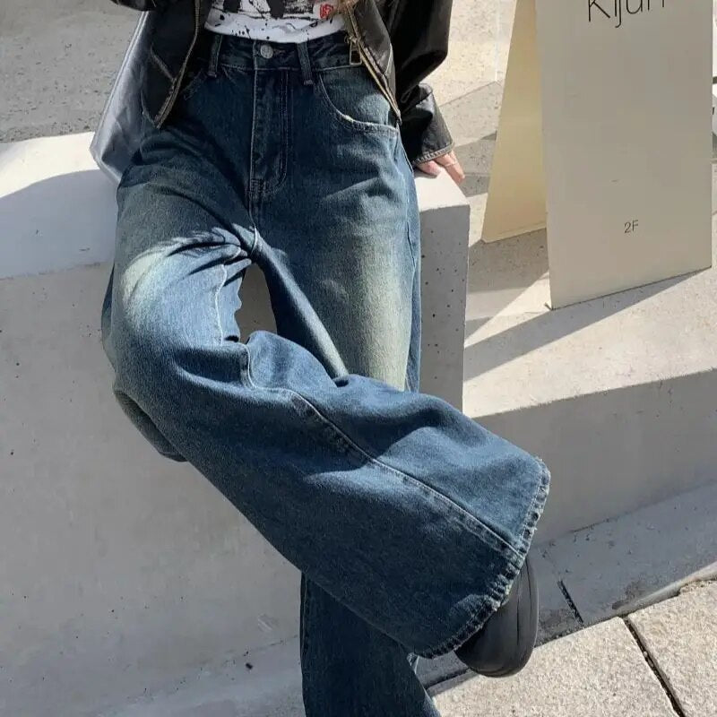 H.sa Korean Stylish Women Baggy Jeans Flared Leg Loose Vintage Elephant Bell Bottoms Bootcut Blue Pants High Waist Trousers