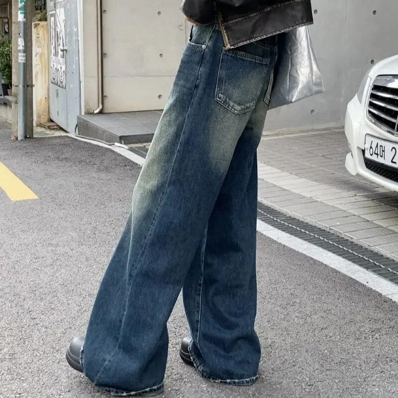 H.sa Korean Stylish Women Baggy Jeans Flared Leg Loose Vintage Elephant Bell Bottoms Bootcut Blue Pants High Waist Trousers