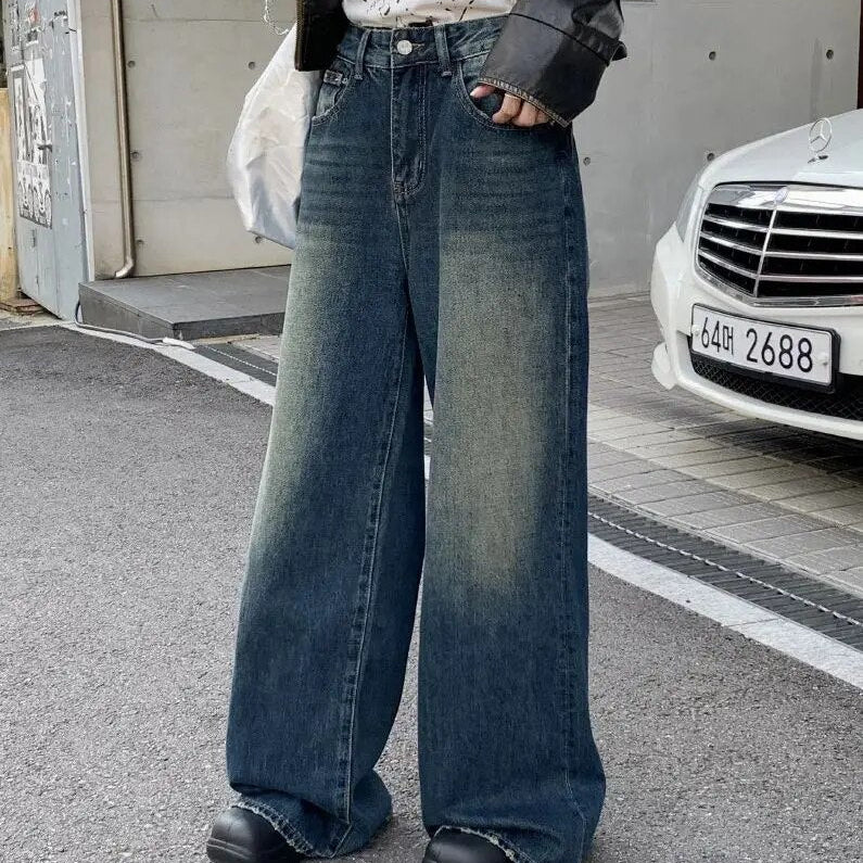 H.sa Korean Stylish Women Baggy Jeans Flared Leg Loose Vintage Elephant Bell Bottoms Bootcut Blue Pants High Waist Trousers
