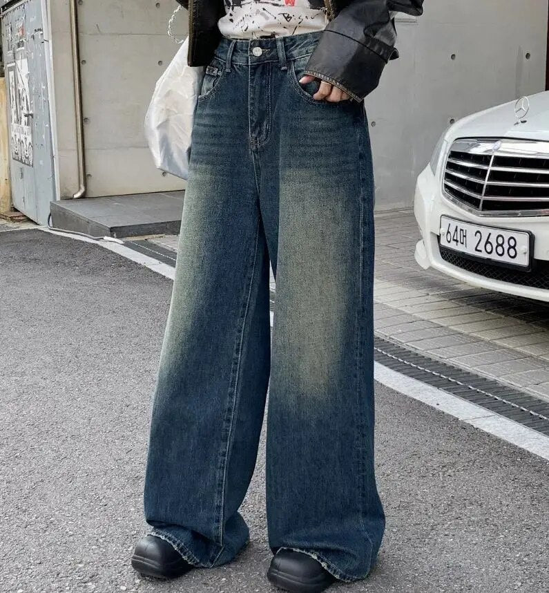 H.sa Korean Stylish Women Baggy Jeans Flared Leg Loose Vintage Elephant Bell Bottoms Bootcut Blue Pants High Waist Trousers