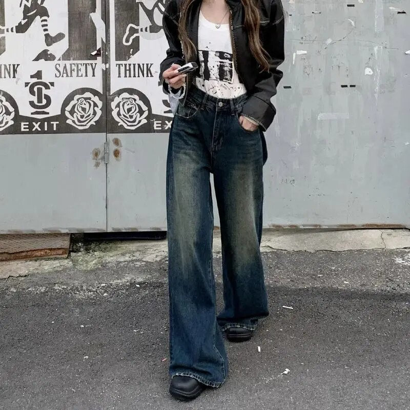 H.sa Korean Stylish Women Baggy Jeans Flared Leg Loose Vintage Elephant Bell Bottoms Bootcut Blue Pants High Waist Trousers RH8890