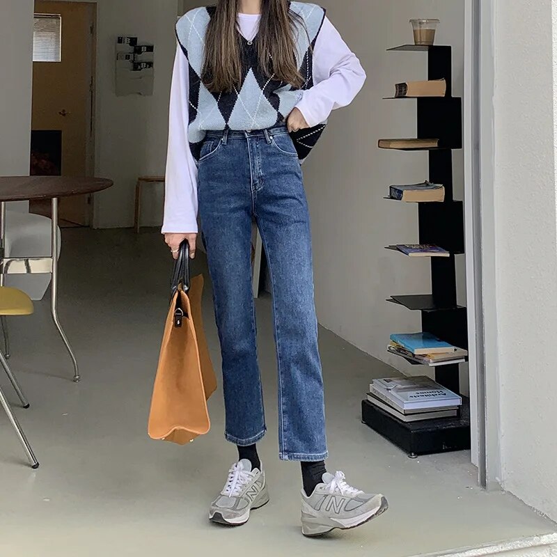 H.sa Straight Leg Elastic Jeans Women High Waisted Raw Edge Pocket Ninth Denim Pants Korean Style Spring Casual Ninth Pants RH9711 Lightblue