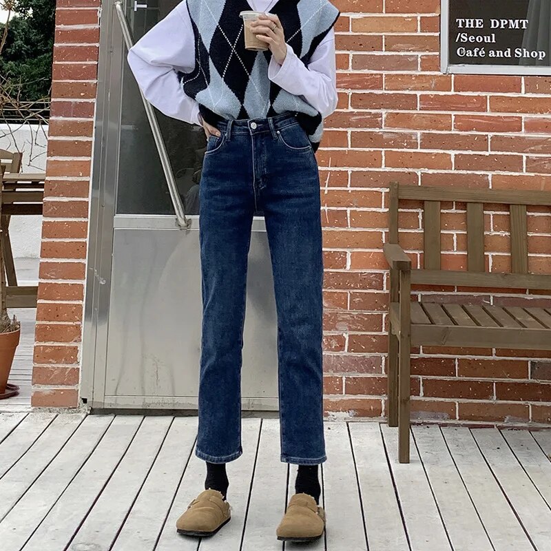 H.sa Straight Leg Elastic Jeans Women High Waisted Raw Edge Pocket Ninth Denim Pants Korean Style Spring Casual Ninth Pants