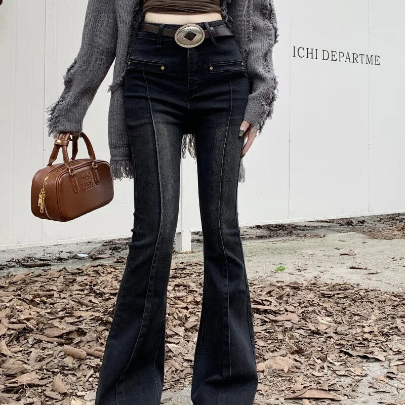 H.sa Women Korean Flare Jeans Streetwear Y2K Straight Pants Vintage Bell Bottom Denim Jeans Lady Party Casual Korean Skinny Pant RH8870 Black