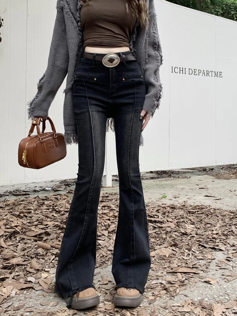 H.sa Women Korean Flare Jeans Streetwear Y2K Straight Pants Vintage Bell Bottom Denim Jeans Lady Party Casual Korean Skinny Pant RH8870 Black