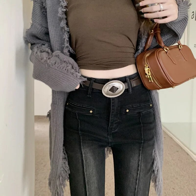 H.sa Women Korean Flare Jeans Streetwear Y2K Straight Pants Vintage Bell Bottom Denim Jeans Lady Party Casual Korean Skinny Pant