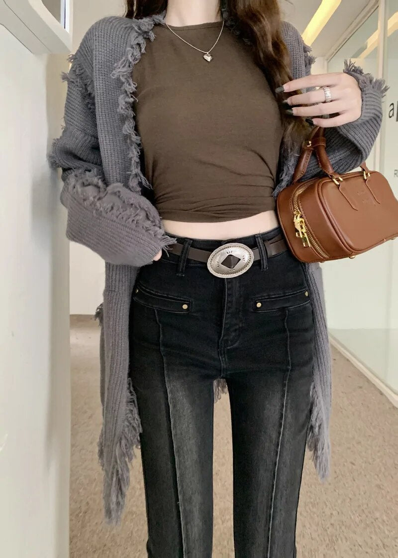 H.sa Women Korean Flare Jeans Streetwear Y2K Straight Pants Vintage Bell Bottom Denim Jeans Lady Party Casual Korean Skinny Pant