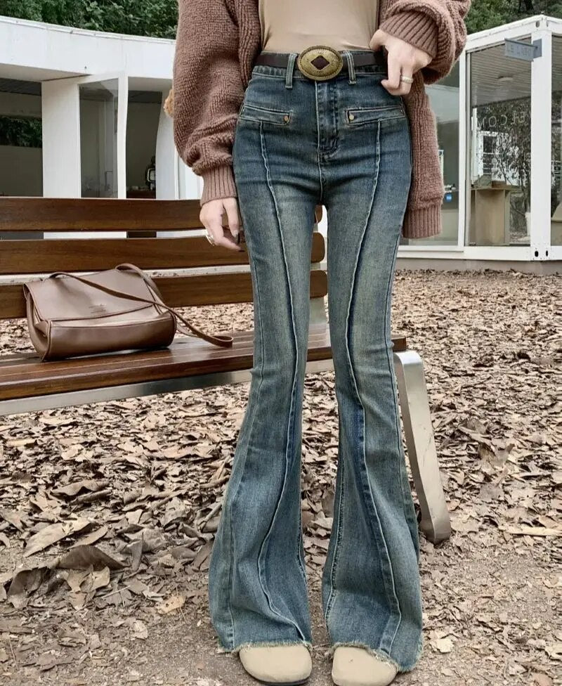 H.sa Women Korean Flare Jeans Streetwear Y2K Straight Pants Vintage Bell Bottom Denim Jeans Lady Party Casual Korean Skinny Pant RH8870 Blue