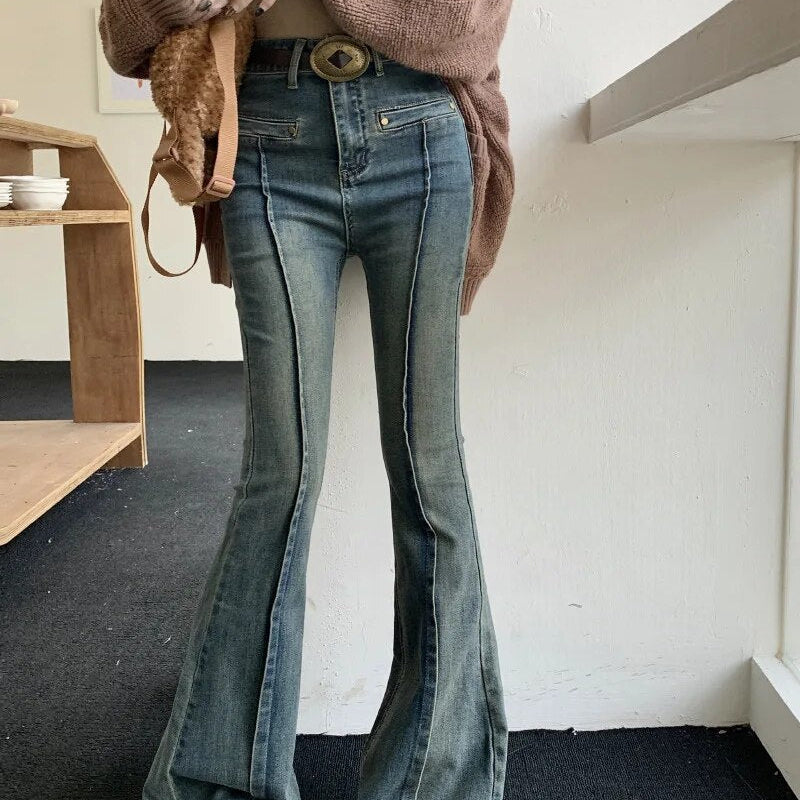 H.sa Women Korean Flare Jeans Streetwear Y2K Straight Pants Vintage Bell Bottom Denim Jeans Lady Party Casual Korean Skinny Pant
