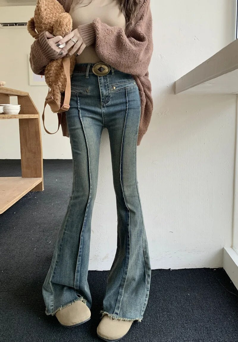 H.sa Women Korean Flare Jeans Streetwear Y2K Straight Pants Vintage Bell Bottom Denim Jeans Lady Party Casual Korean Skinny Pant