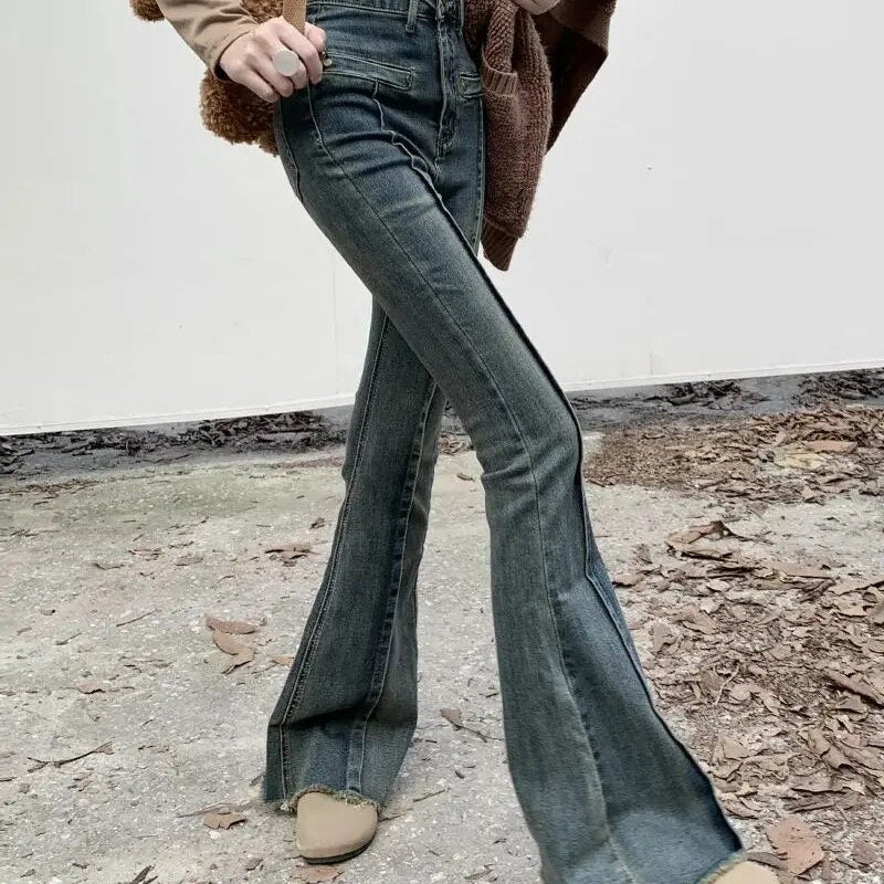 H.sa Women Korean Flare Jeans Streetwear Y2K Straight Pants Vintage Bell Bottom Denim Jeans Lady Party Casual Korean Skinny Pant